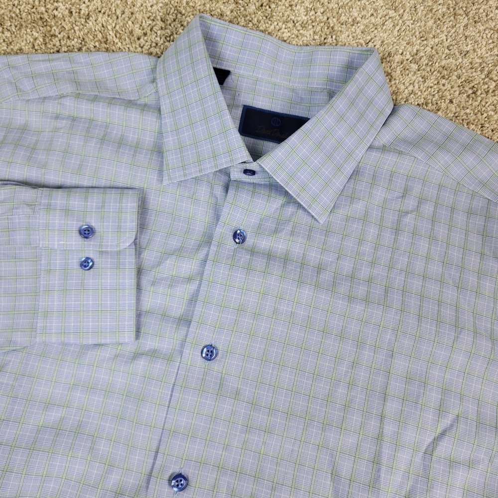 David Donahue Mens 18-34/35 Blue Green Plaid Button Up Long Sleeve